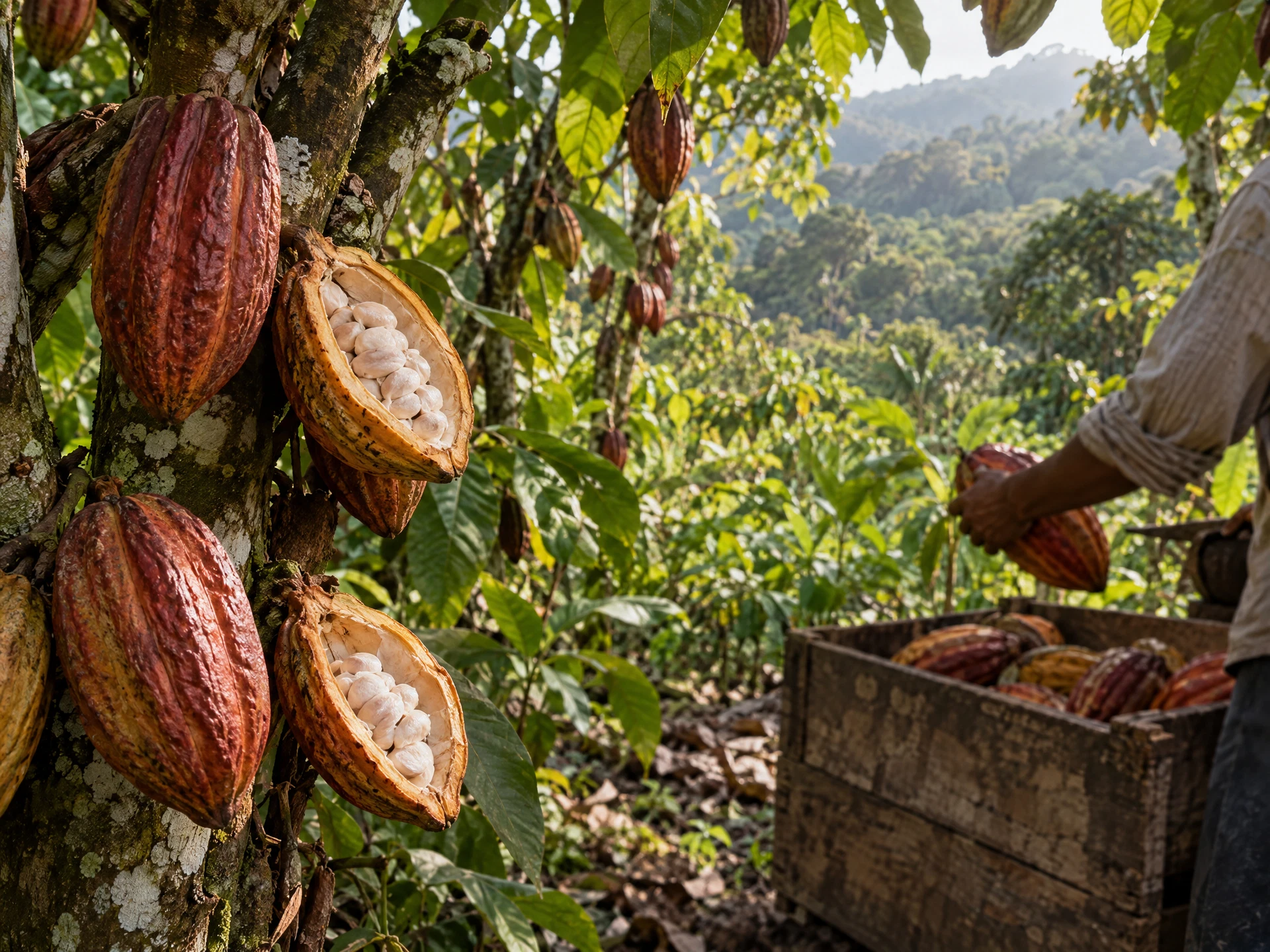 Finca de cacao hondureña con árboles, mazorcas y vegetación natural