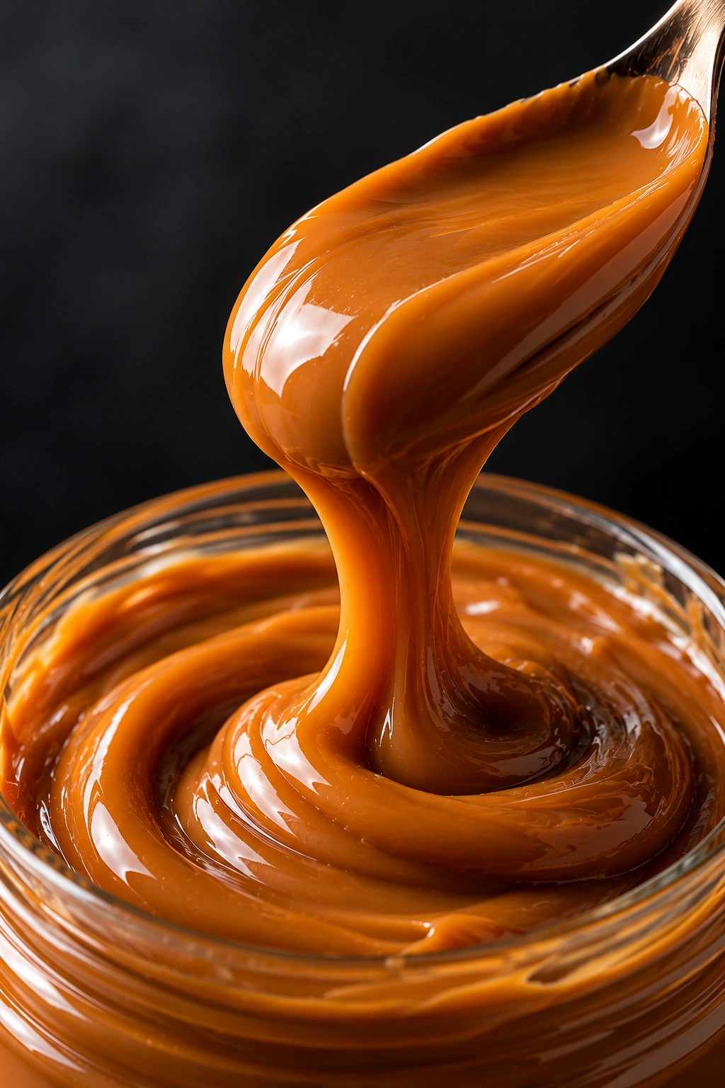 Dulce de leche cayendo desde una cuchara sobre un recipiente de vidrio, referencia para la categoría