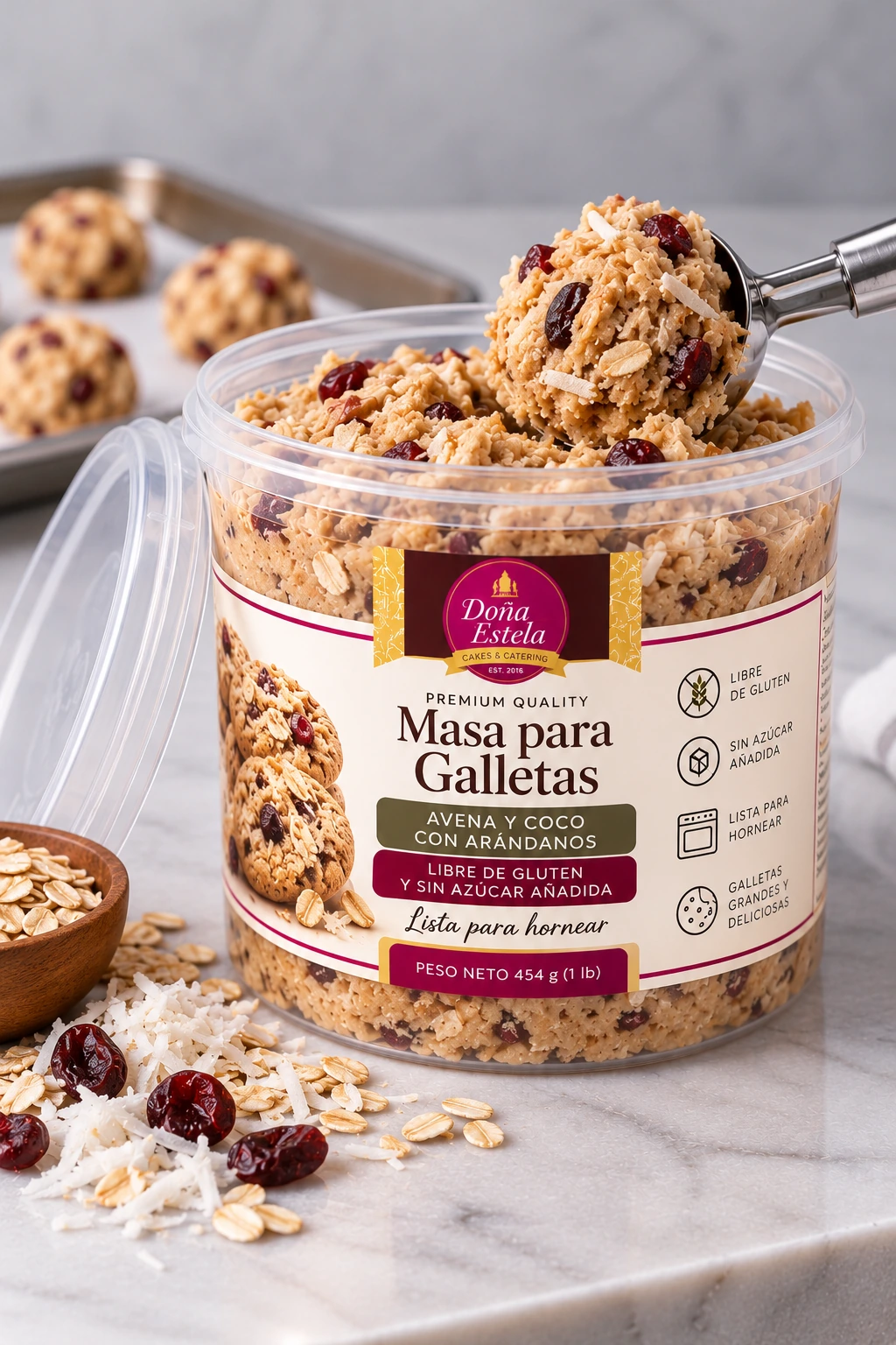 Masa para galletas de avena, coco y arándanos (sin gluten ni azúcar añadida), fotografía del catálogo