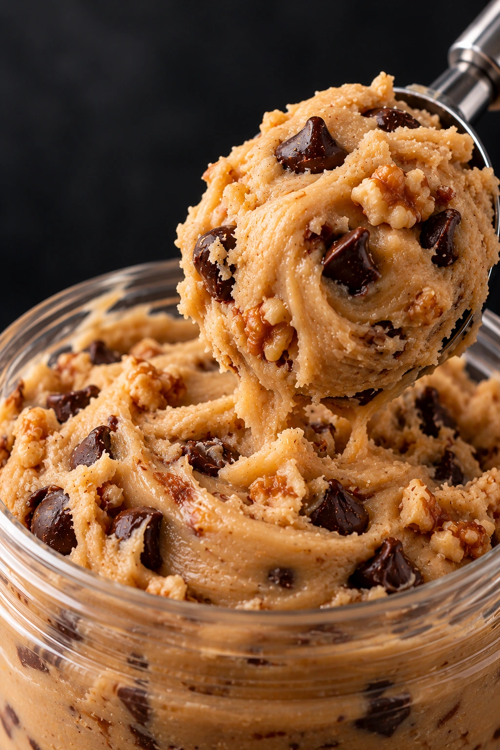Masa con chispas de chocolate en una cuchara sobre un recipiente, referencia para la categoría